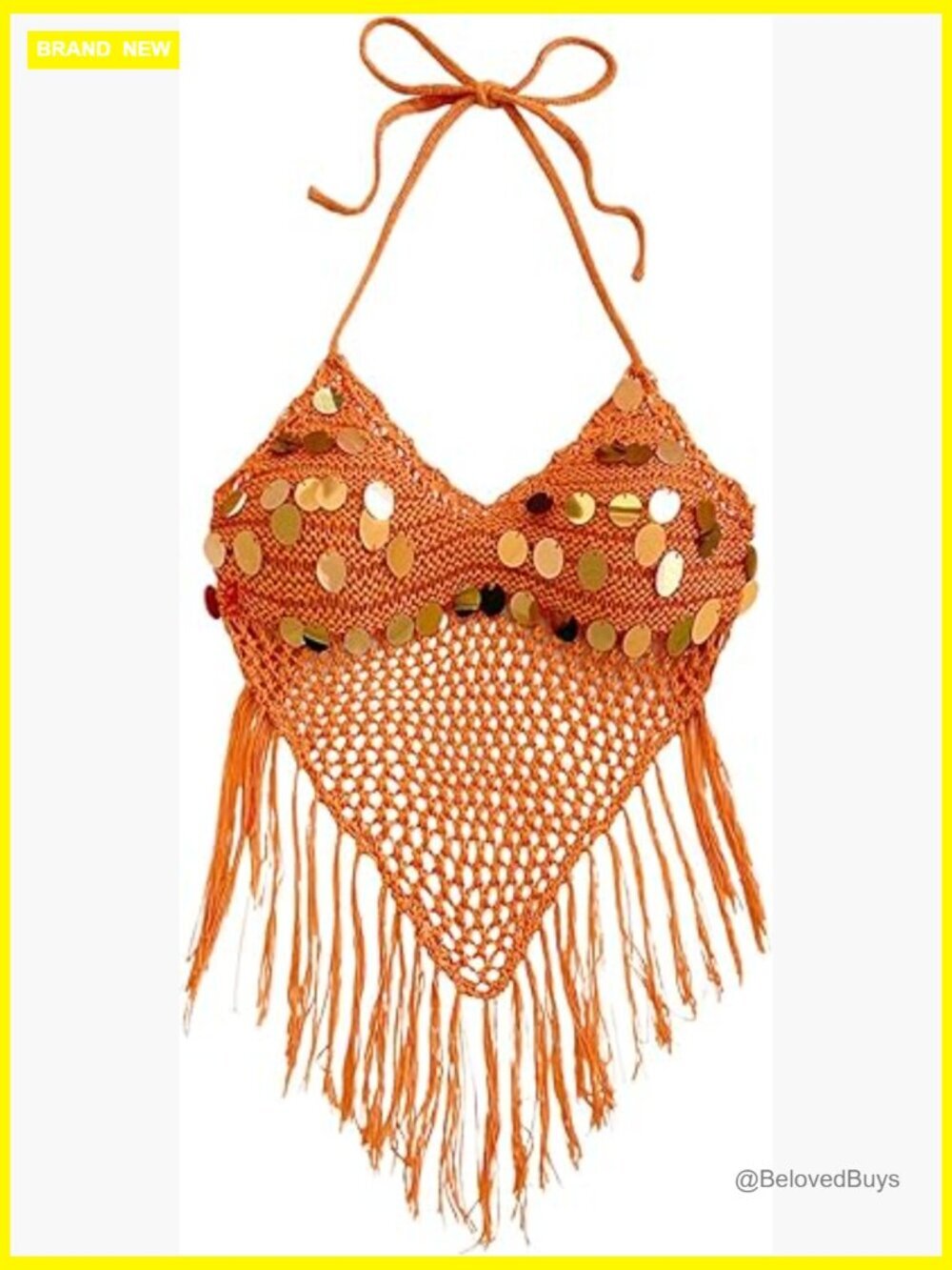 Sequin Hollow Out Crochet Crop Halter Top Boho Tie Backless Fringe